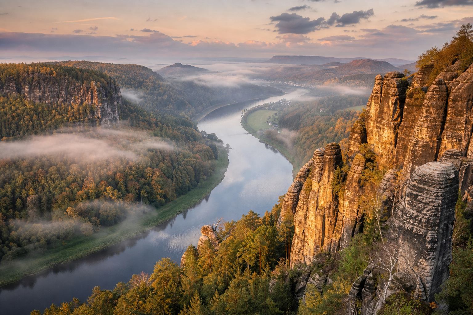 Kartenhafte Flussperspektive mit Sandsteinfelsen entlang der Elbe
