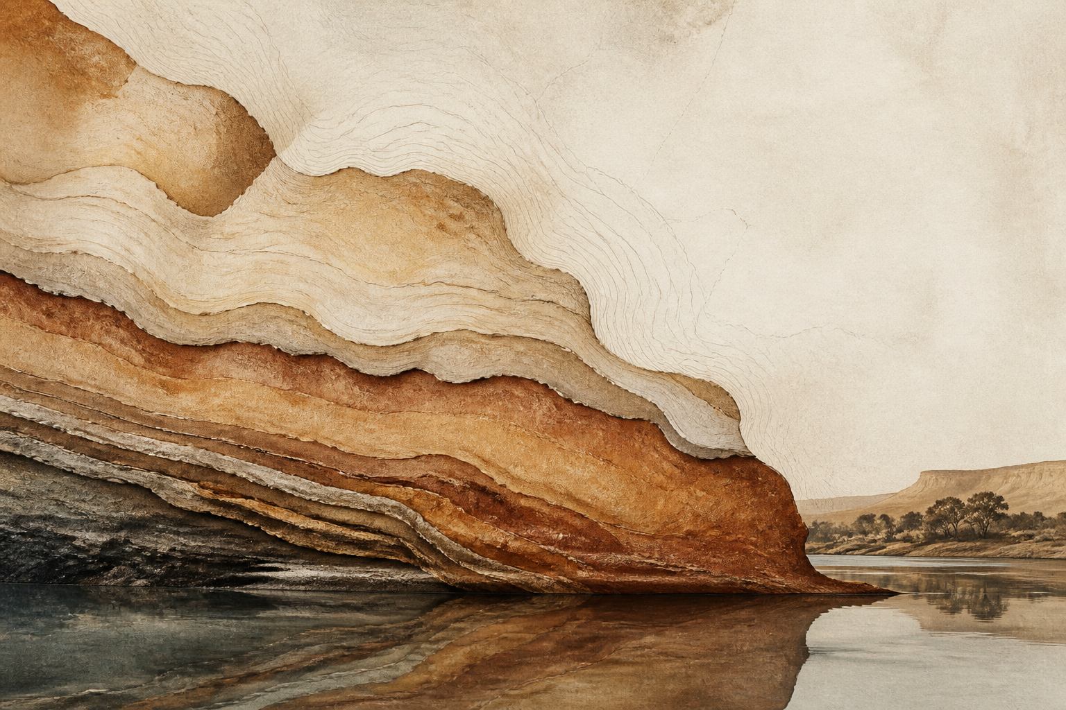 Schematische Sandsteinschichten und Flusssilhouette als redaktionelles Motiv