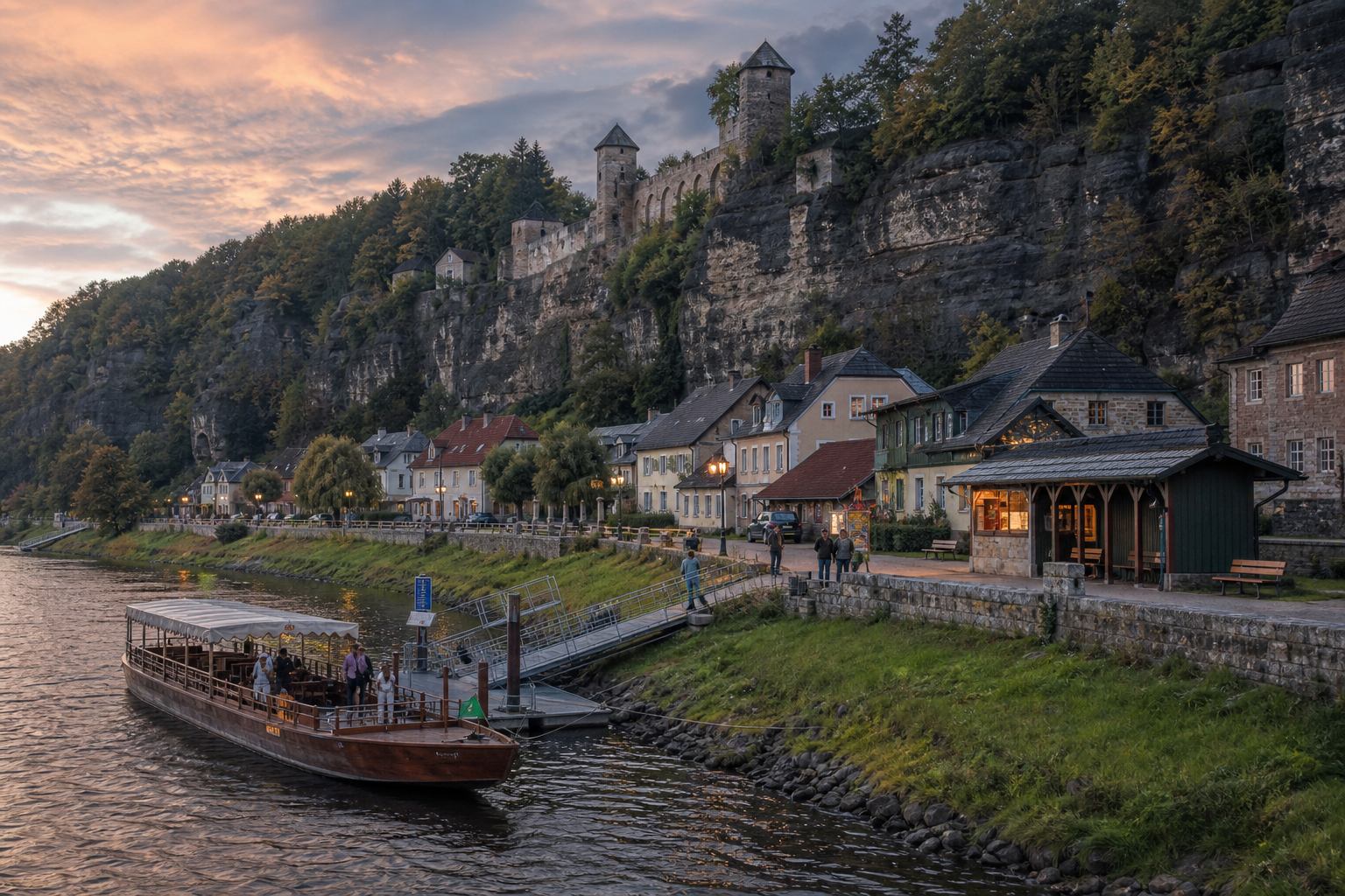Kleiner Elbeort mit Steinhäusern und Fähre vor Sandsteinfelsen